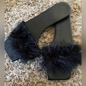 Black Furry Slide Sandals